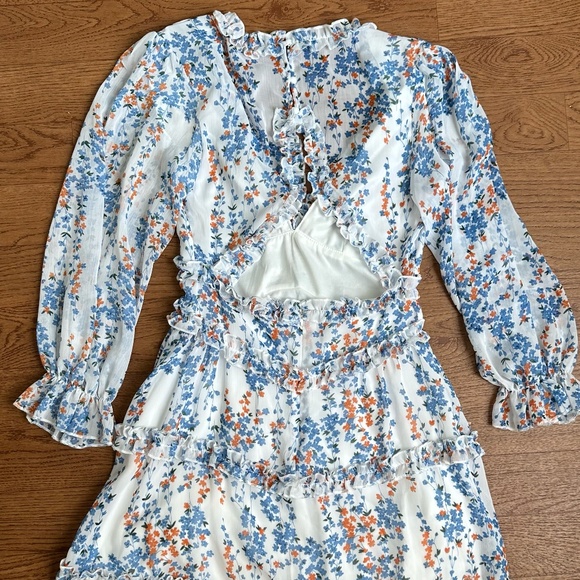 Long Sleeve Casual Summer Ruffle Backless Floral Flowy Swing Mini Dress - Picture 4 of 6